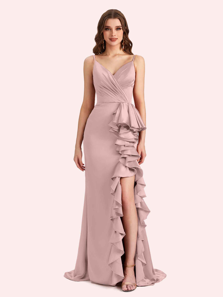 Sexy V-neck Spaghetti Straps Mermaid Soft Satin Long Matron of Honor Dress For Wedding