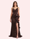 Sexy V-neck Spaghetti Straps Mermaid Soft Satin Long Matron of Honor Dress For Wedding