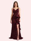 Sexy V-neck Spaghetti Straps Mermaid Soft Satin Long Matron of Honor Dress For Wedding