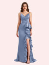 Sexy V-neck Spaghetti Straps Mermaid Soft Satin Long Matron of Honor Dress For Wedding
