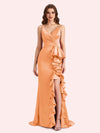 Sexy V-neck Spaghetti Straps Mermaid Soft Satin Long Matron of Honor Dress For Wedding