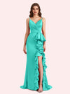 Sexy V-neck Spaghetti Straps Mermaid Soft Satin Long Matron of Honor Dress For Wedding