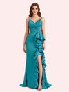 Sexy V-neck Spaghetti Straps Mermaid Soft Satin Long Matron of Honor Dress For Wedding