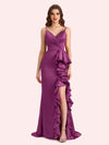 Sexy V-neck Spaghetti Straps Mermaid Soft Satin Long Matron of Honor Dress For Wedding
