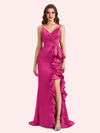 Sexy V-neck Spaghetti Straps Mermaid Soft Satin Long Matron of Honor Dress For Wedding