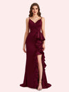 Sexy V-neck Spaghetti Straps Mermaid Soft Satin Long Matron of Honor Dress For Wedding