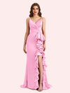 Sexy V-neck Spaghetti Straps Mermaid Soft Satin Long Matron of Honor Dress For Wedding