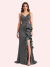 Sexy V-neck Spaghetti Straps Mermaid Soft Satin Long Matron of Honor Dress For Wedding