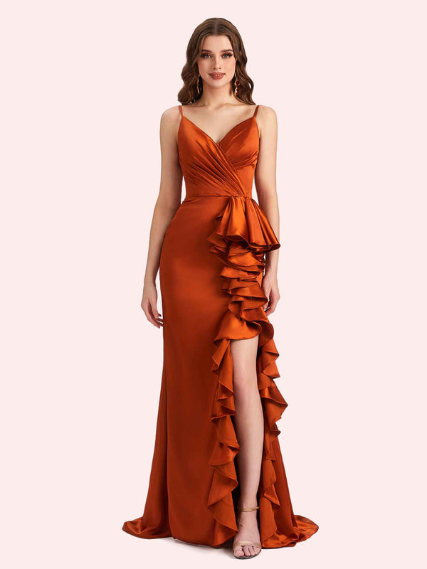 Sexy V-neck Spaghetti Straps Mermaid Soft Satin Long Matron of Honor Dress For Wedding