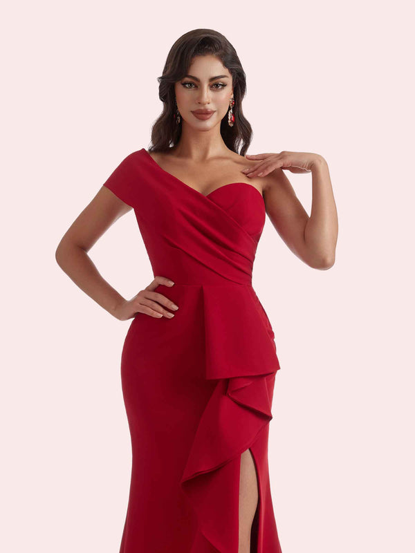 Sexy Mermaid Side Slit One Shoulder Crepe Long Bridesmaid Dress For Wedding