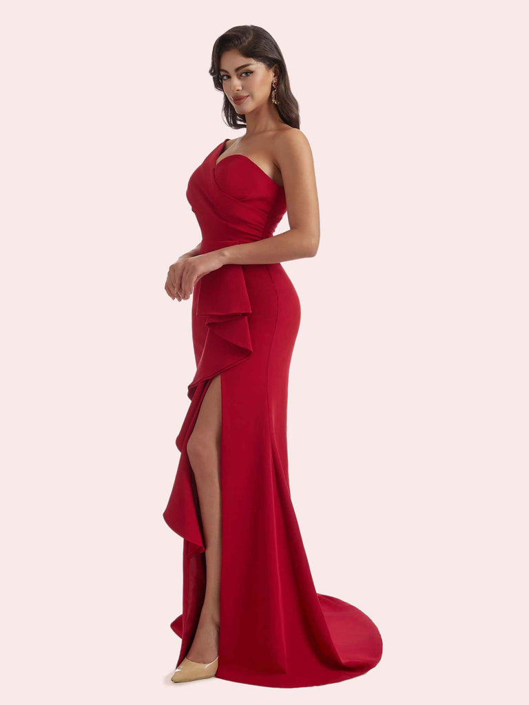 Sexy Mermaid Side Slit One Shoulder Crepe Long Bridesmaid Dress For Wedding- Cetims Burgundy