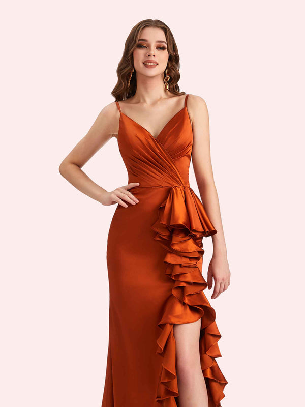 Sexy V-neck Spaghetti Straps Mermaid Soft Satin Long Matron of Honor Dress For Wedding