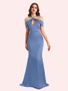 Sexy Off Shouder Spaghetti Straps Mermaid Soft Satin Long Matron of Honor Dress For Wedding