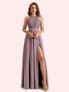 Elegant A-line Halter Side Slit Chiffon Long Mother of the Brides Dresses Online