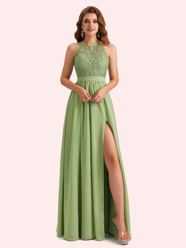 Elegant A-line Halter Side Slit Chiffon Long Mother of the Brides Dresses Online