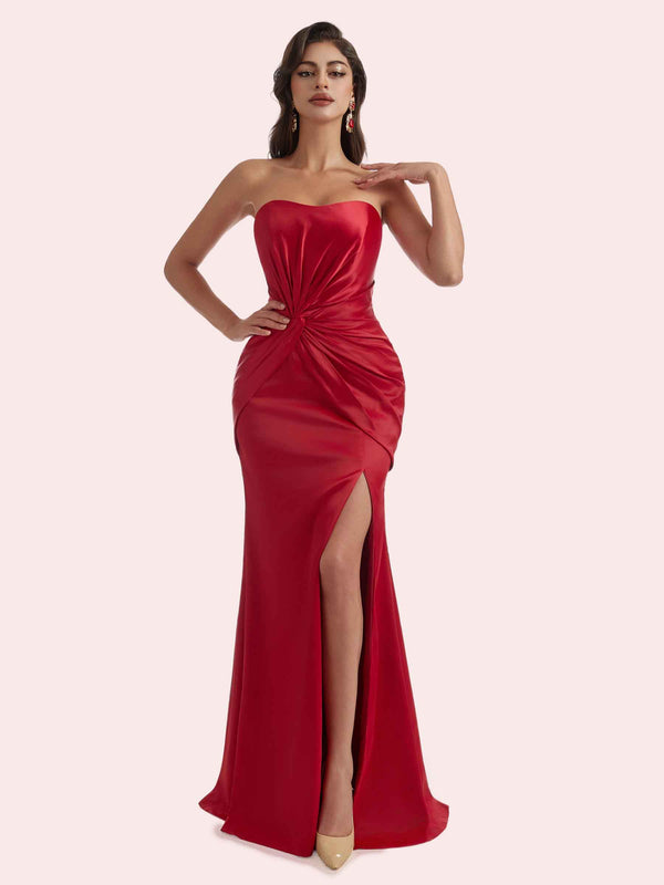 Elegant Mermaid Pleats Side Slit Sweetheart Soft Satin Long Bridesmaid Dress For Wedding