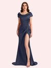 Sexy Mermaid Cap Sleeves Soft Satin Long Matron of Honor Dress For Wedding