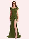 Sexy Mermaid Cap Sleeves Soft Satin Long Matron of Honor Dress For Wedding