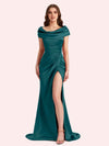 Sexy Mermaid Cap Sleeves Soft Satin Long Matron of Honor Dress For Wedding