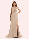Sexy Open Back Halter Strap Side Slit Mermaid Soft Satin Long Matron of Honor Dress For Wedding
