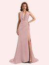 Sexy Open Back Halter Strap Side Slit Mermaid Soft Satin Long Matron of Honor Dress For Wedding