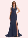 Sexy Open Back Halter Strap Side Slit Mermaid Soft Satin Long Matron of Honor Dress For Wedding
