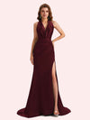 Sexy Open Back Halter Strap Side Slit Mermaid Soft Satin Long Matron of Honor Dress For Wedding