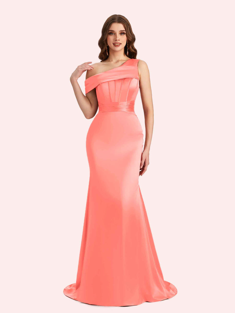 Sexy Mermaid One Shouder Soft Satin Long Matron of Honor Dress For Wedding For Sale