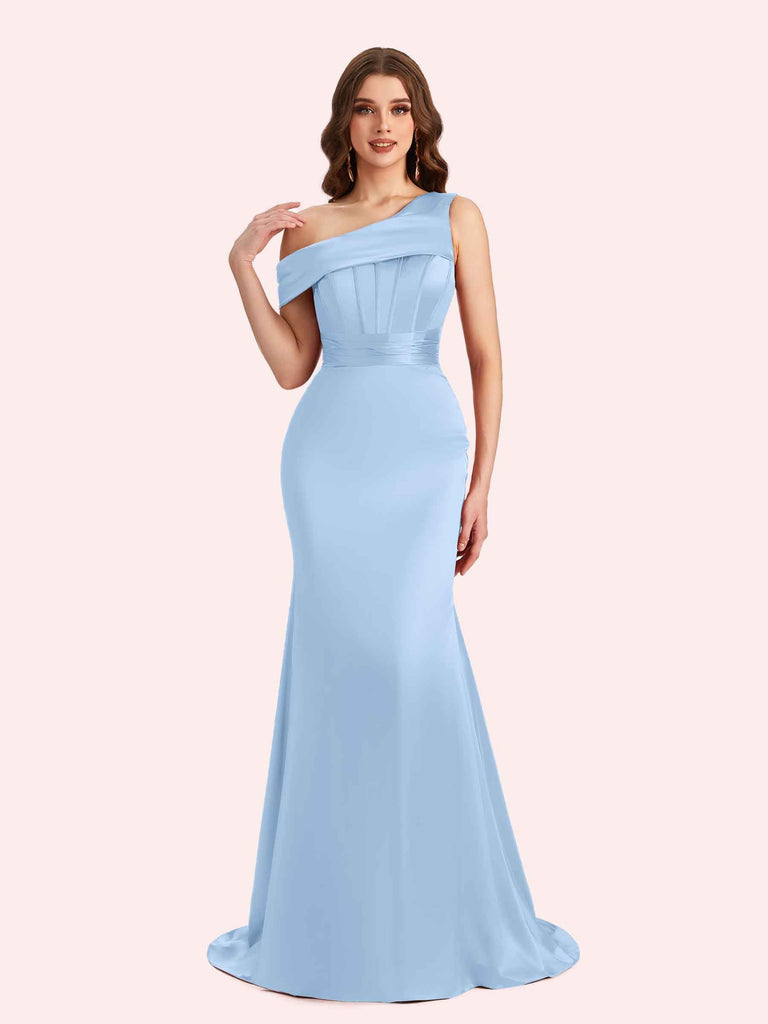 Sexy Mermaid One Shouder Soft Satin Long Matron of Honor Dress For Wedding For Sale