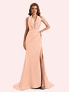 Sexy Open Back Halter Strap Side Slit Mermaid Soft Satin Long Matron of Honor Dress For Wedding