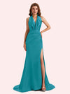 Sexy Open Back Halter Strap Side Slit Mermaid Soft Satin Long Matron of Honor Dress For Wedding