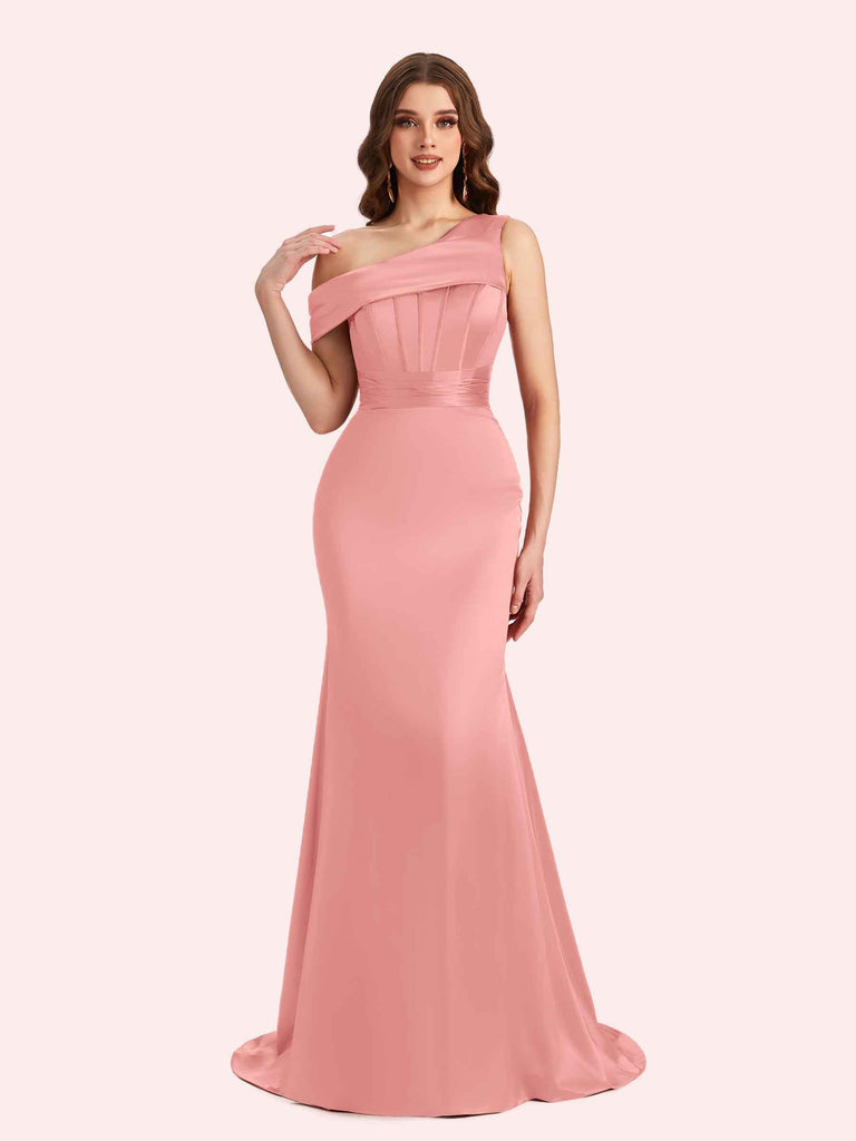 Sexy Mermaid One Shouder Soft Satin Long Matron of Honor Dress For Wedding For Sale