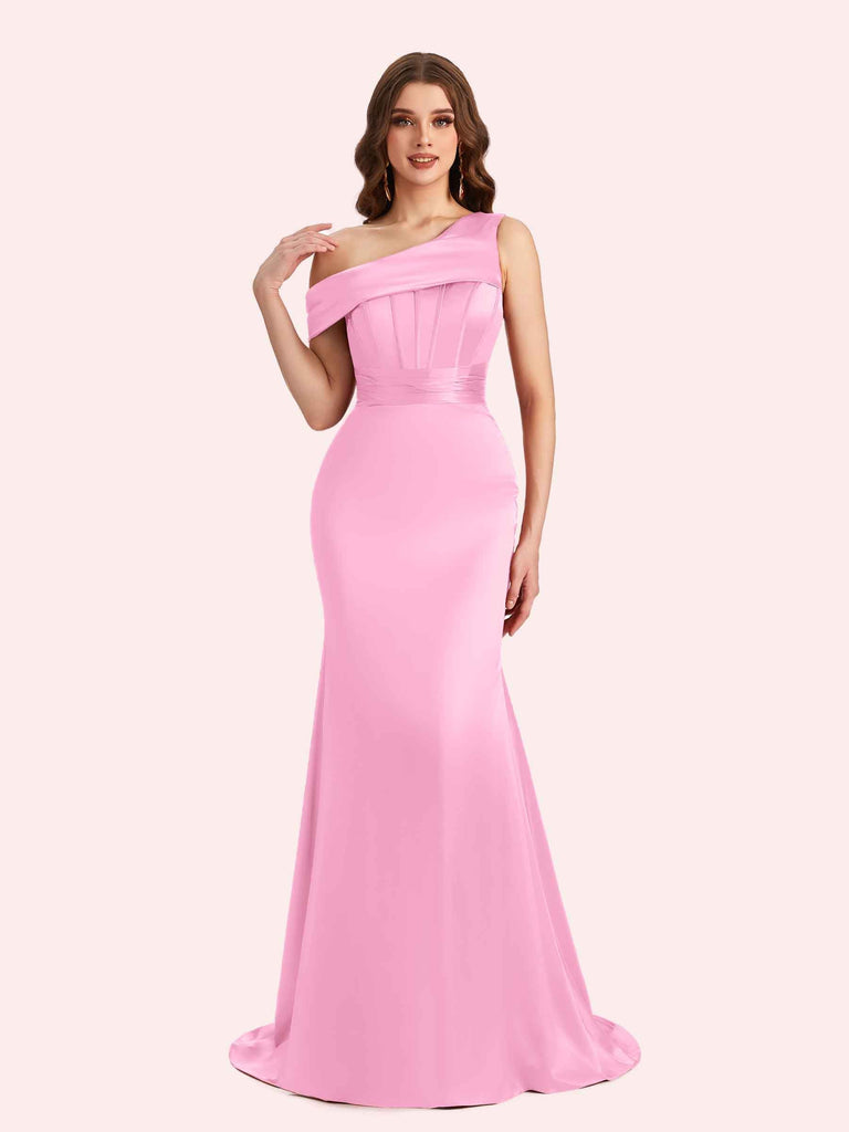 Sexy Mermaid One Shouder Soft Satin Long Matron of Honor Dress For Wedding For Sale