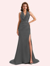 Sexy Open Back Halter Strap Side Slit Mermaid Soft Satin Long Matron of Honor Dress For Wedding