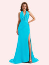 Sexy Open Back Halter Strap Side Slit Mermaid Soft Satin Long Matron of Honor Dress For Wedding