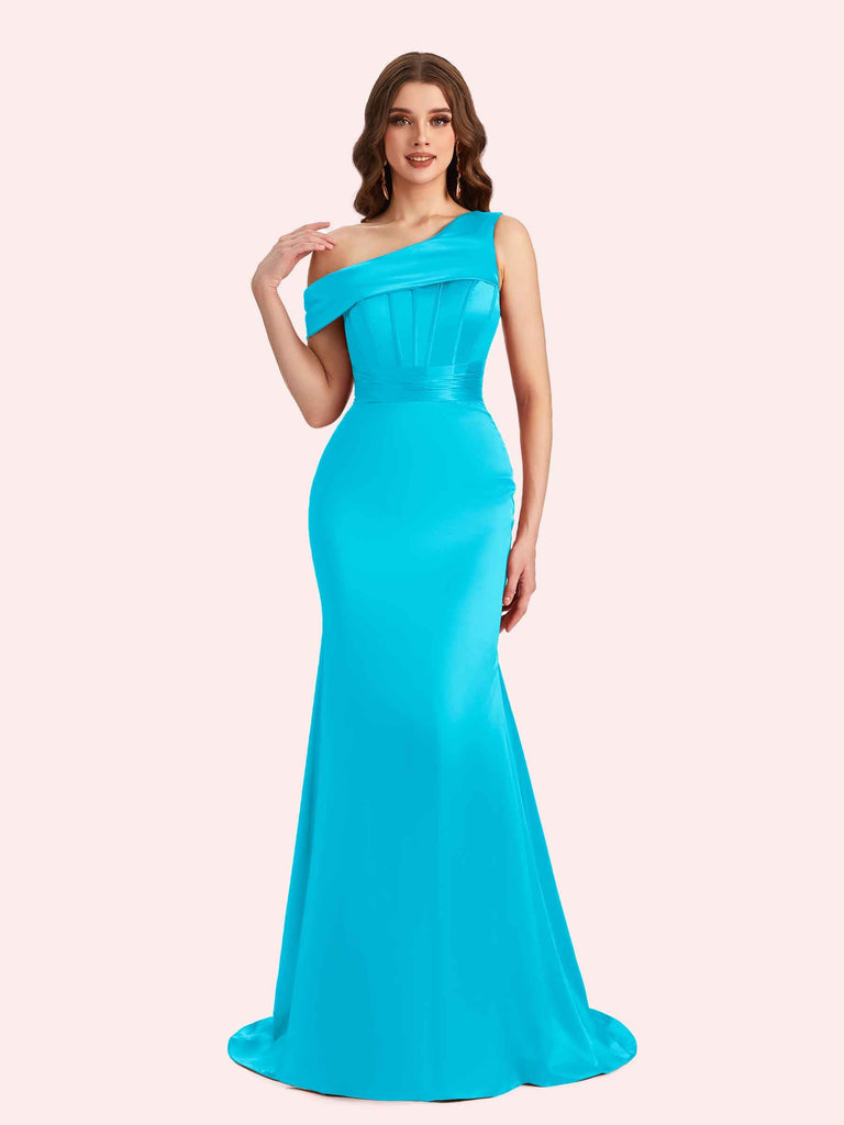 Sexy Mermaid One Shouder Soft Satin Long Matron of Honor Dress For Wedding For Sale