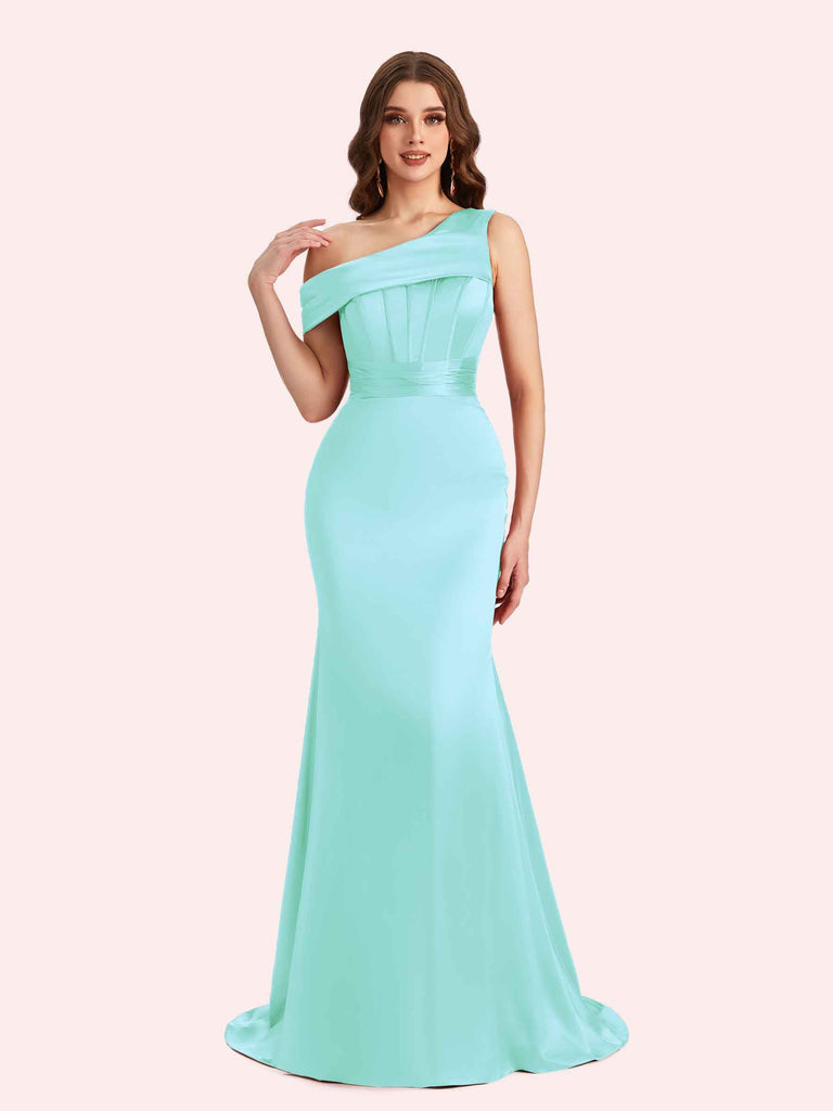 Sexy Mermaid One Shouder Soft Satin Long Matron of Honor Dress For Wedding For Sale