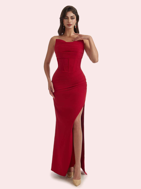 Elegant Mermaid Side Slit V-neck Strapless Crepe Long Bridesmaid Dress For Wedding
