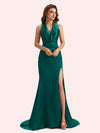Sexy Open Back Halter Strap Side Slit Mermaid Soft Satin Long Matron of Honor Dress For Wedding