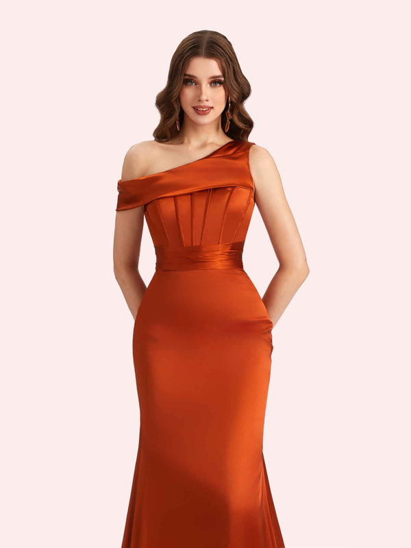 Sexy Mermaid One Shoulder Soft Satin Long Matron of Honor Dress For Wedding