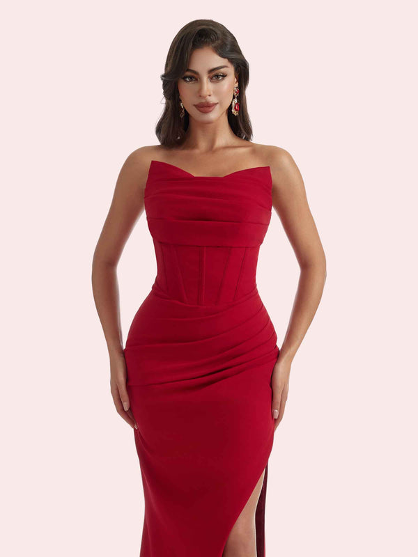 Elegant Mermaid Side Slit V-neck Strapless Crepe Long Bridesmaid Dress For Wedding