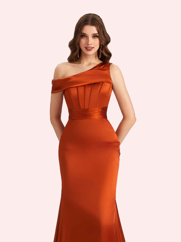 Sexy Mermaid One Shoulder Soft Satin Long Matron of Honor Dress For Wedding For Sale