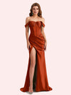 Sexy Off Shoulder Side Slit Mermaid Soft Satin Long Matron of Honor Dress For Wedding