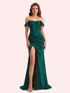 Sexy Off Shoulder Side Slit Mermaid Soft Satin Long Matron of Honor Dress For Wedding