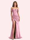 Sexy Off Shoulder Side Slit Mermaid Soft Satin Long Matron of Honor Dress For Wedding