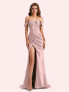 Sexy Off Shoulder Side Slit Mermaid Soft Satin Long Matron of Honor Dress For Wedding