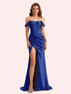 Sexy Off Shoulder Side Slit Mermaid Soft Satin Long Matron of Honor Dress For Wedding