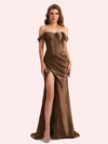 Sexy Off Shoulder Side Slit Mermaid Soft Satin Long Matron of Honor Dress For Wedding