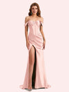 Sexy Off Shoulder Side Slit Mermaid Soft Satin Long Matron of Honor Dress For Wedding