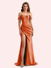 Sexy Off Shoulder Side Slit Mermaid Soft Satin Long Matron of Honor Dress For Wedding